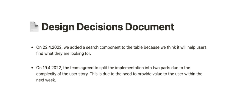 Example of design documentation in Notion