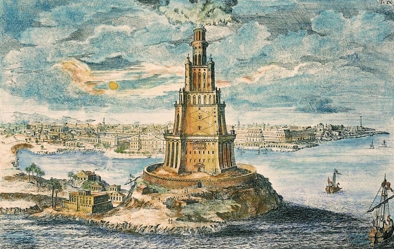 The majestic lighthouse of Faros in ancient times.