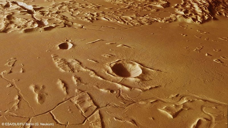 Martian landscape with potential mud volcano formations