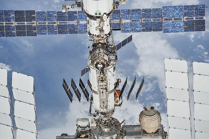 A view of the ISS from a Soyuz spacecraft.