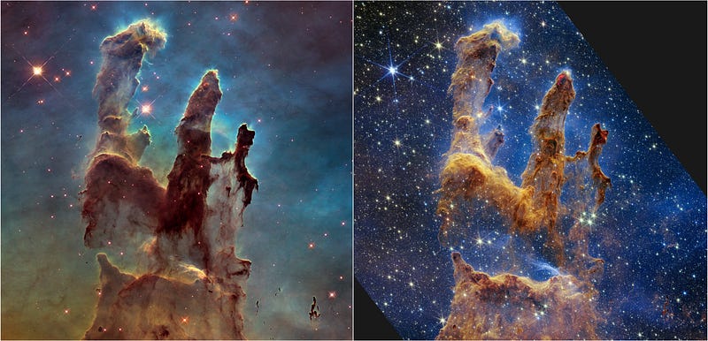 Comparison of Hubble and Webb images of the Pillars of Creation