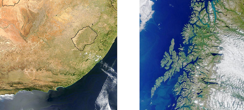 Figure 8. Coastal sections of South Africa (left) and Norway (right).