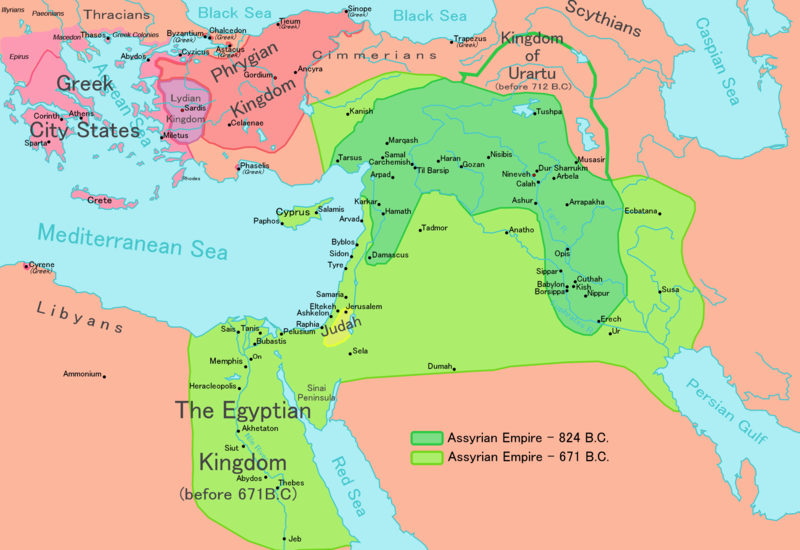 Map of the Assyrian Empire at its height during Esarhaddon's rule.